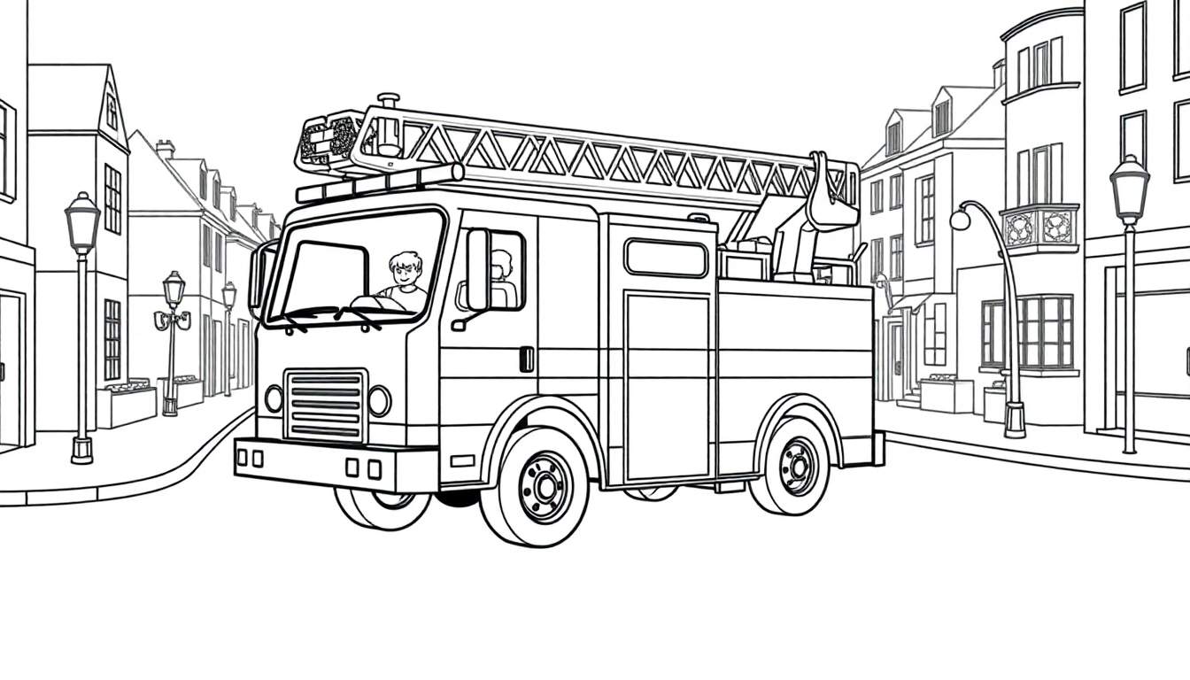 Dessin au trait d'un camion de pompiers dans une rue de ville avec des bâtiments et des lampadaires, prêt à être coloré.
