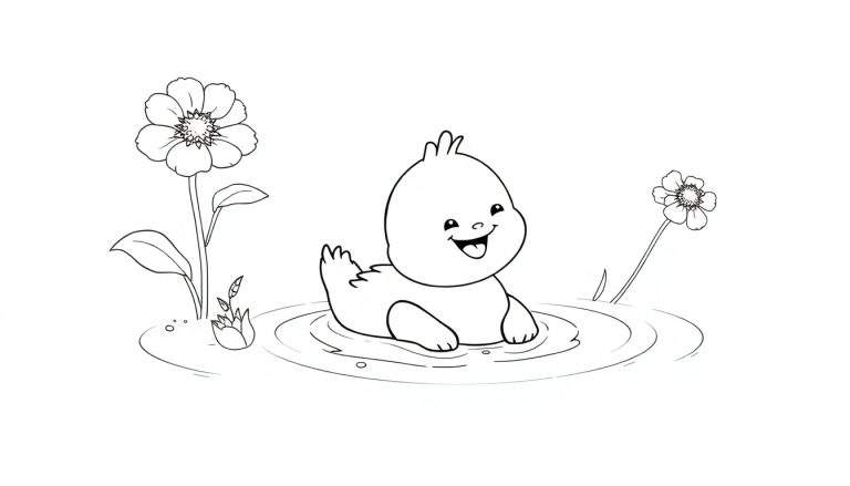 Un dessin au trait noir et blanc d'un caneton souriant nageant dans un étang avec des fleurs.