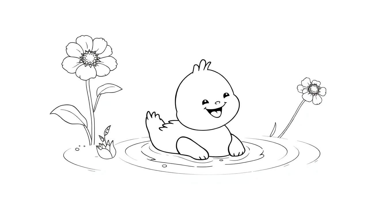 Un dessin au trait noir et blanc d'un caneton souriant nageant dans un étang avec des fleurs.