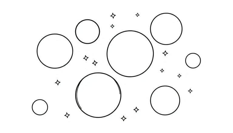 Motif d'illustration en noir et blanc avec des cercles flottants et des étoiles à quatre branches sur fond blanc, un color panel.