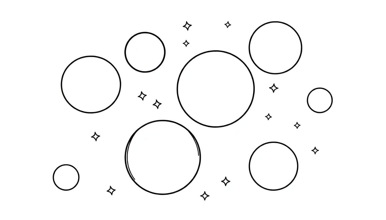 Motif d'illustration en noir et blanc avec des cercles flottants et des étoiles à quatre branches sur fond blanc, un color panel.