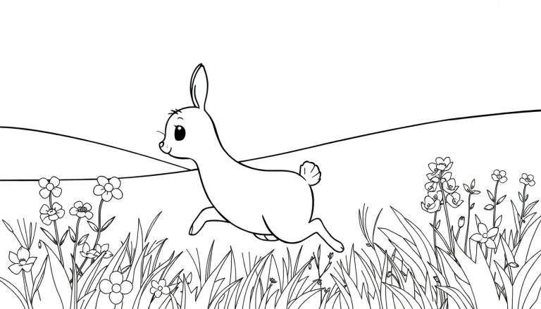 Dessin au trait d'un cerf joyeux courant dans un champ de fleurs et d'herbes ondulantes, avec des collines douces en arrière-plan. Un color panel parfait pour les enfants.