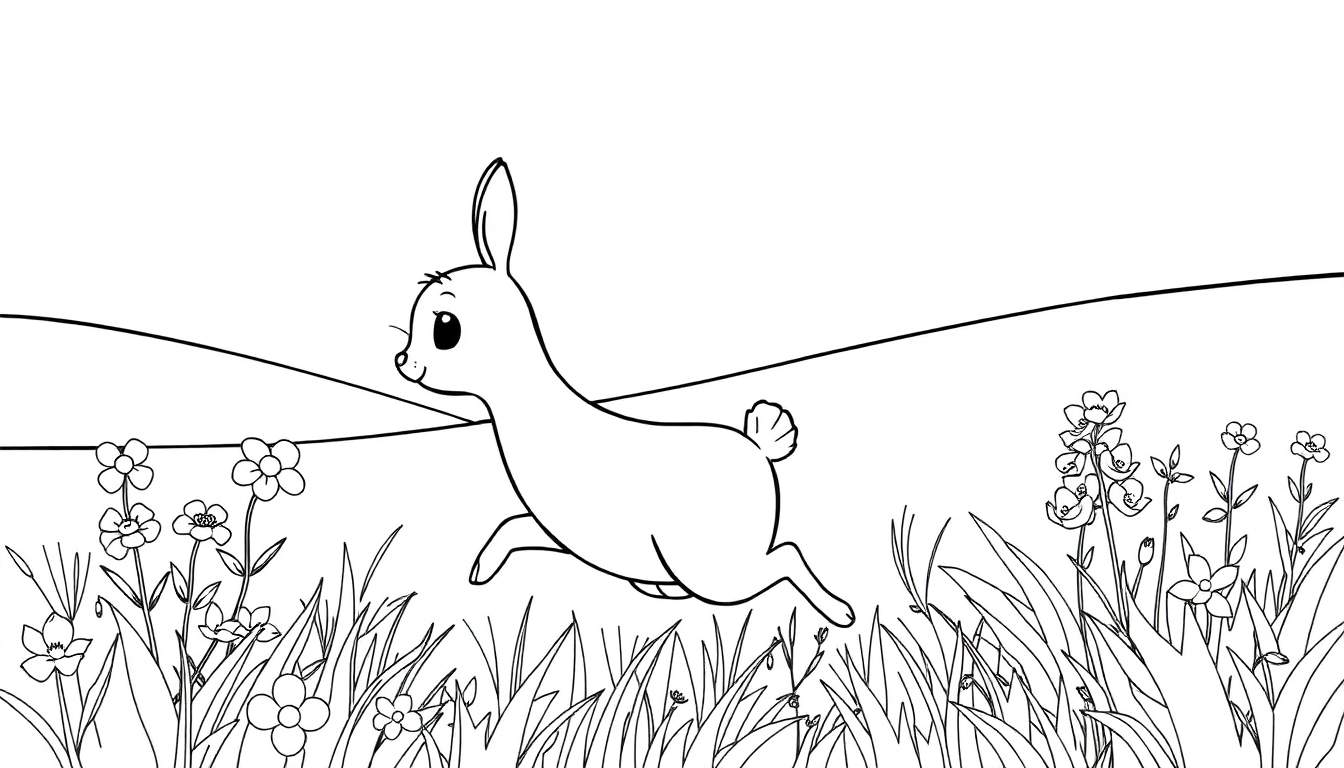 Dessin au trait d'un cerf joyeux courant dans un champ de fleurs et d'herbes ondulantes, avec des collines douces en arrière-plan. Un color panel parfait pour les enfants.