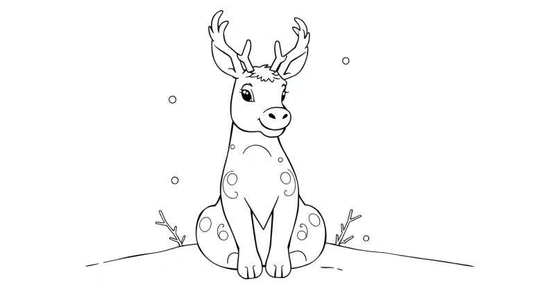 Dessin au trait d'un cerf joyeux avec des bois, assis sur une colline enneigée, prêt à être colorisé dans un color panel.
