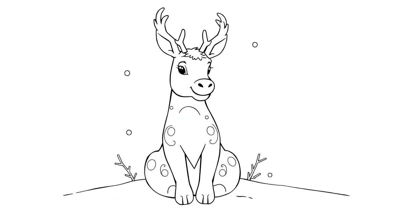 Dessin au trait d'un cerf joyeux avec des bois, assis sur une colline enneigée, prêt à être colorisé dans un color panel.