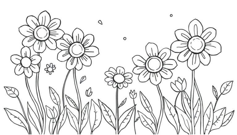 Un dessin au trait de champ de fleurs colorées avec un color panel.