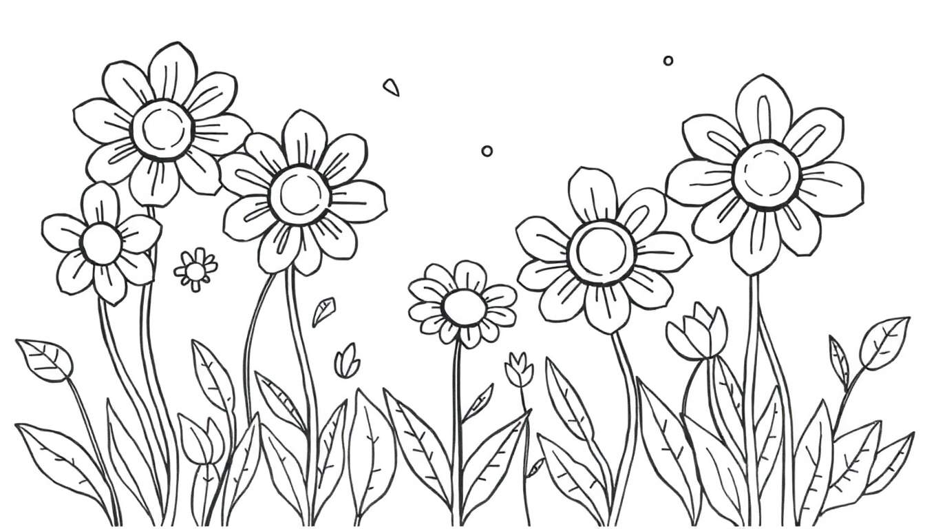 Un dessin au trait de champ de fleurs colorées avec un color panel.