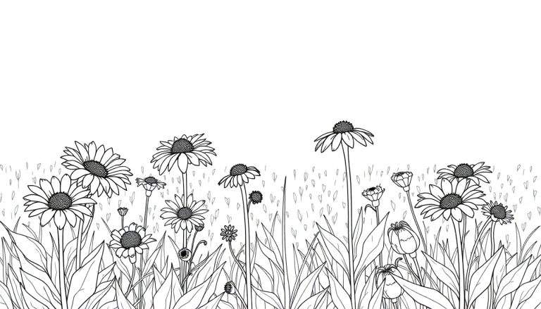 Dessin au trait d'une prairie de marguerites et d'échinacées en différents stades de floraison, avec des tiges fines et de l'herbe en arrière-plan.