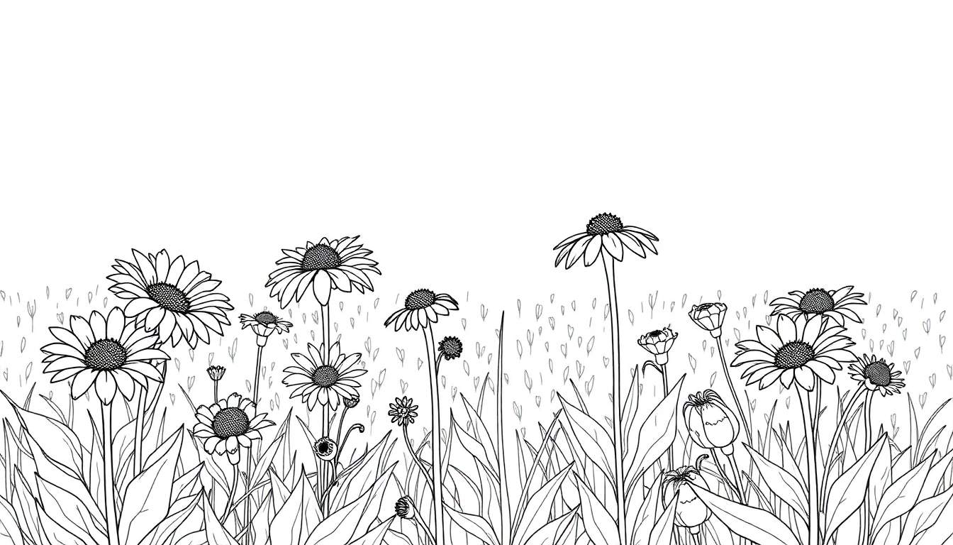 Dessin au trait d'une prairie de marguerites et d'échinacées en différents stades de floraison, avec des tiges fines et de l'herbe en arrière-plan.