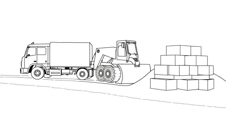 Un dessin au trait d'un camion jaune, d'une pelleteuse et de boîtes empilées, sur un fond clair avec une ligne d'horizon.