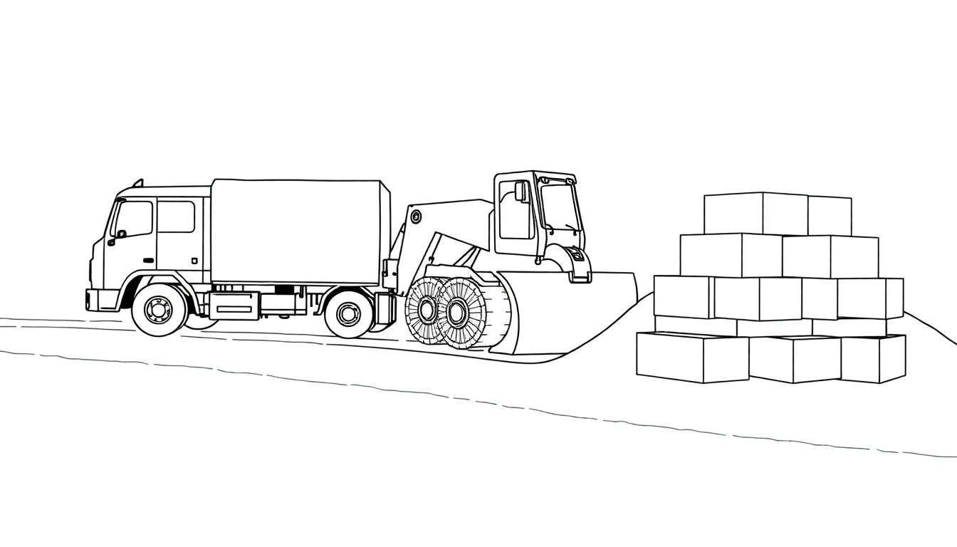 Un dessin au trait d'un camion jaune, d'une pelleteuse et de boîtes empilées, sur un fond clair avec une ligne d'horizon.