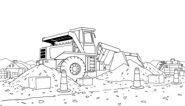 Un dessin au trait d'un chargeur frontal jaune sur un chantier avec des cônes et des blocs, prêt pour une color panel.