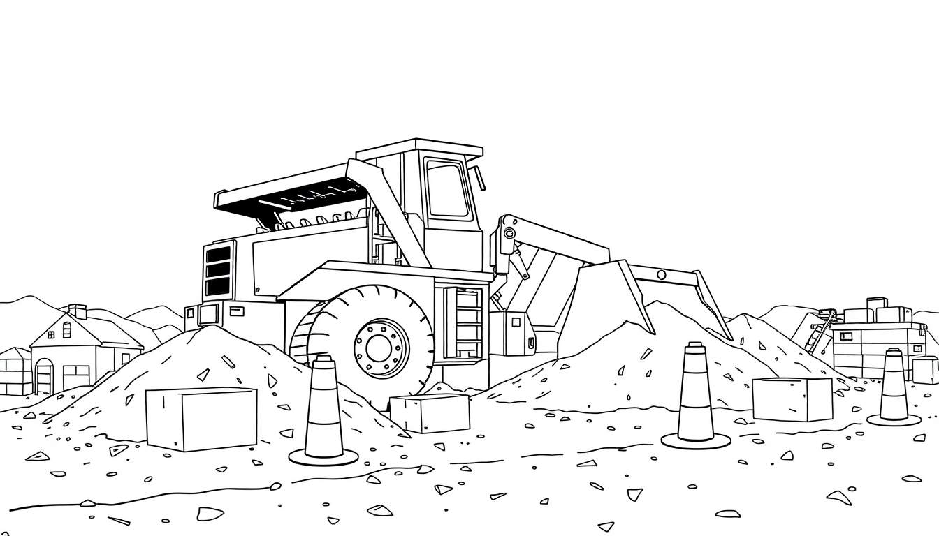 Un dessin au trait d'un chargeur frontal jaune sur un chantier avec des cônes et des blocs, prêt pour une color panel.
