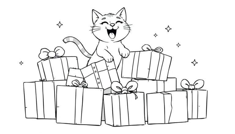 Un chat de dessin animé dans une pile de cadeaux, avec des étoiles en arrière-plan.