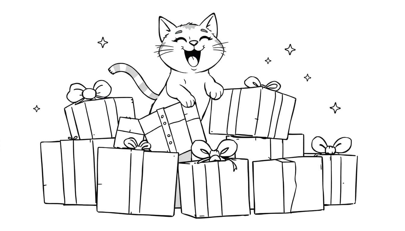 Un chat de dessin animé dans une pile de cadeaux, avec des étoiles en arrière-plan.