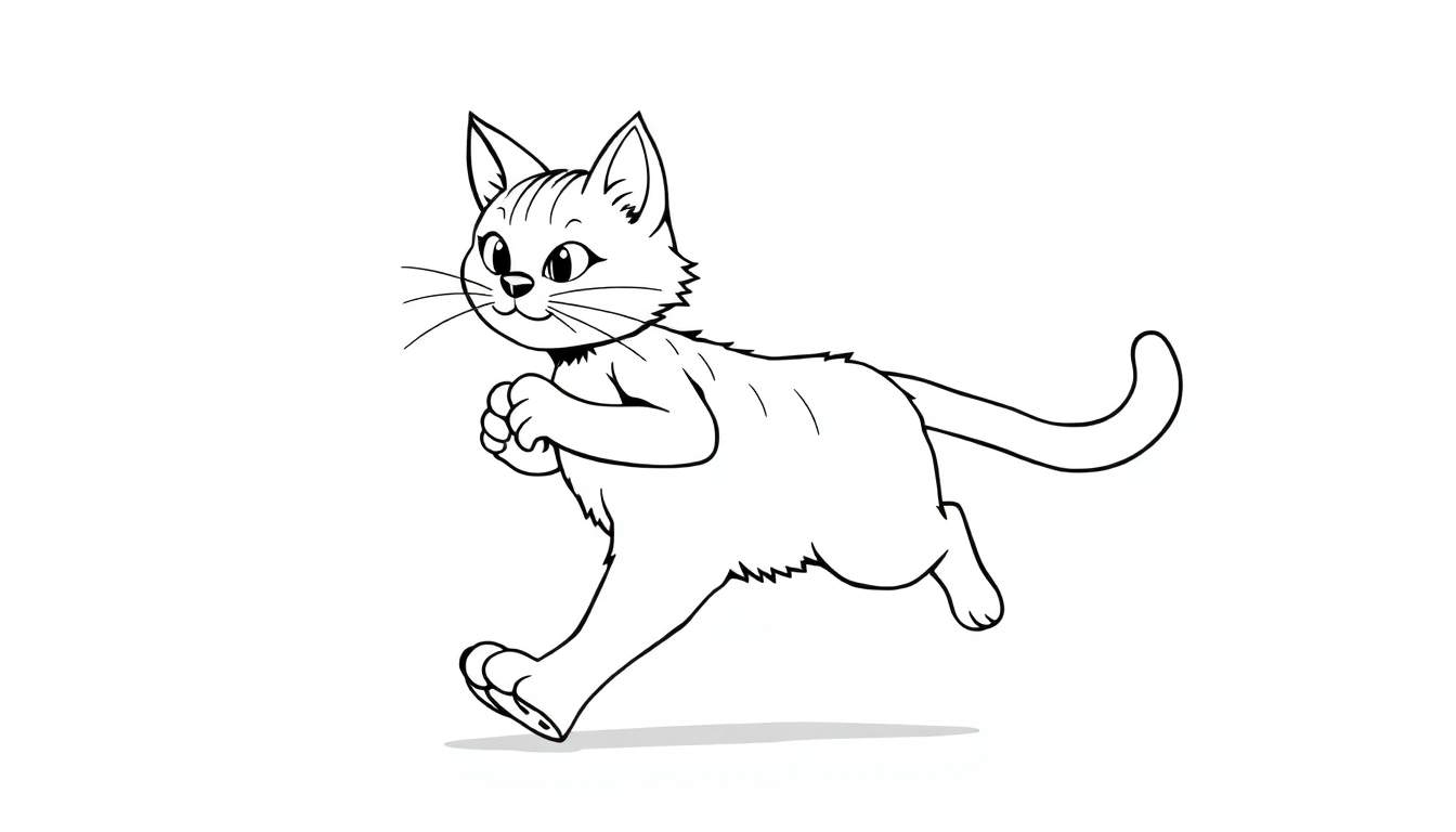 Dessin au trait d'un chaton cartoon courant avec une pelote de laine.