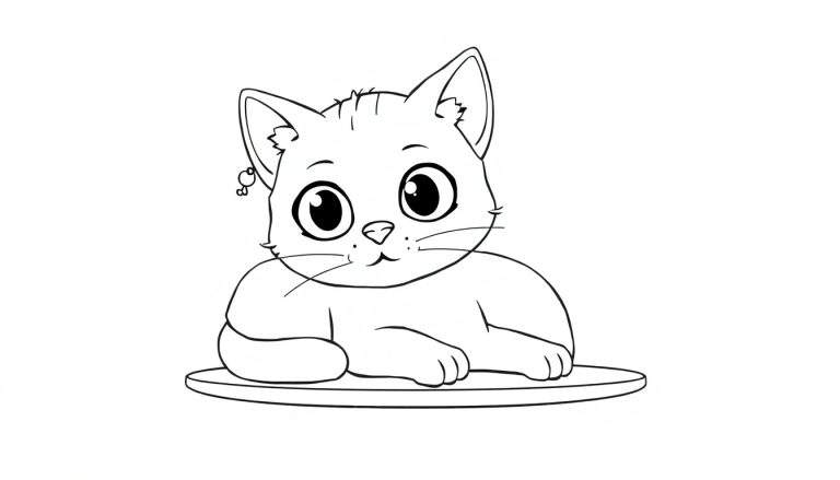Dessin au trait d'un chaton mignon avec des grands yeux, un nœud et une sucette, prêt à être coloré sur un panneau de coloriage.