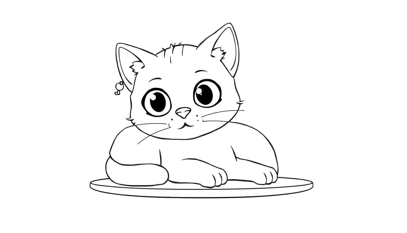 Dessin au trait d'un chaton mignon avec des grands yeux, un nœud et une sucette, prêt à être coloré sur un panneau de coloriage.