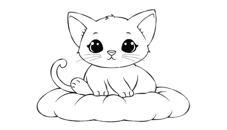 Un mignon chaton avec de grandes oreilles assis sur un nuage, prêt à être coloré, dans un color panel.