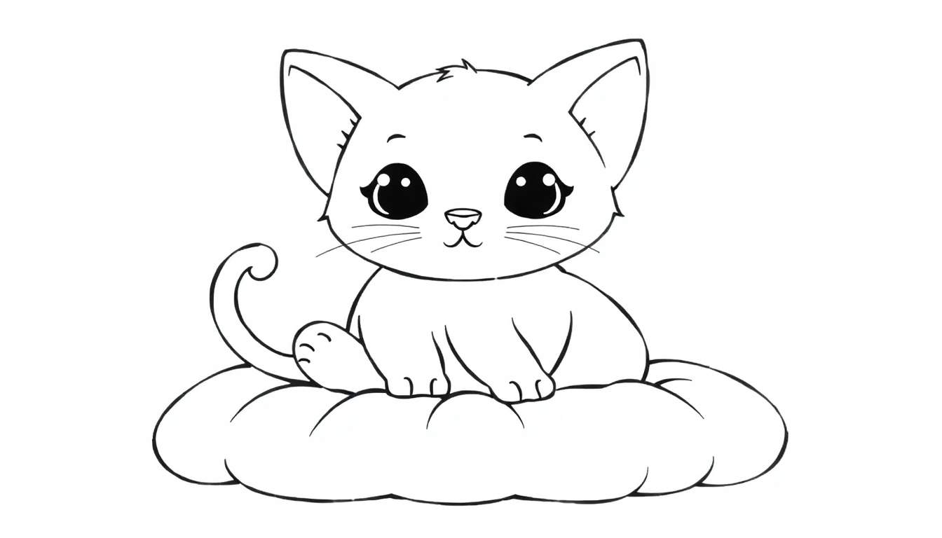 Un mignon chaton avec de grandes oreilles assis sur un nuage, prêt à être coloré, dans un color panel.