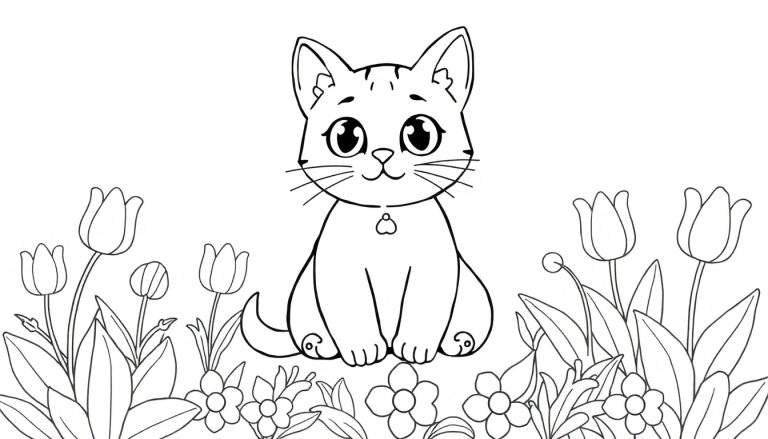 Un dessin au trait d'un chat dans un jardin de fleurs, conçu comme un panneau de coloriage.