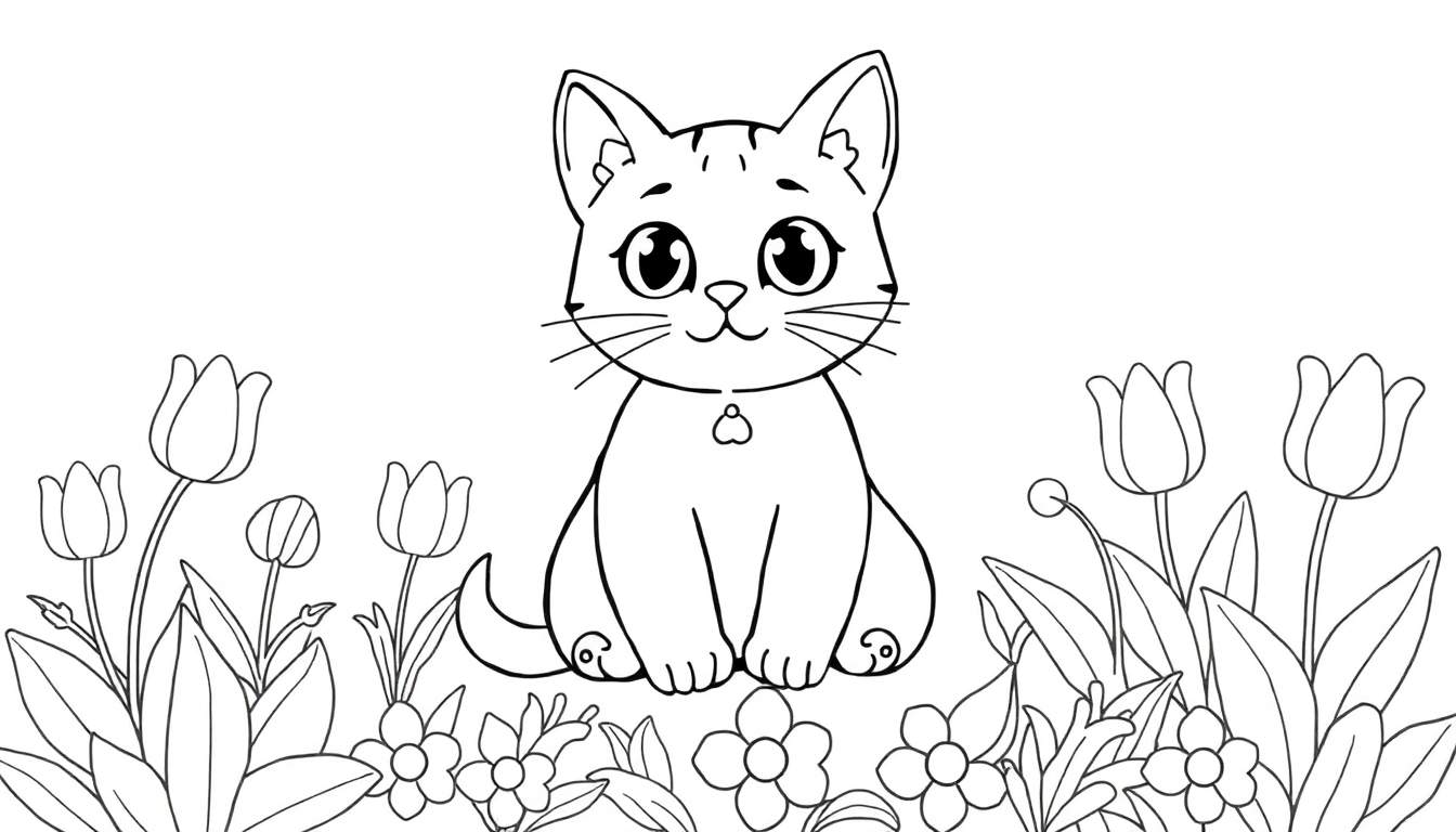 Un dessin au trait d'un chat dans un jardin de fleurs, conçu comme un panneau de coloriage.