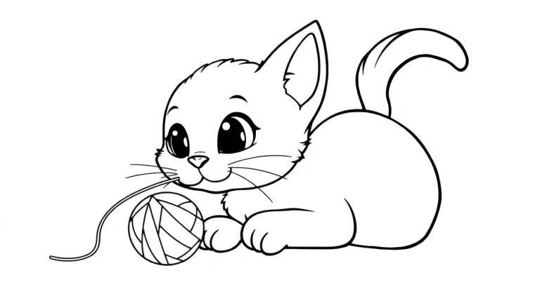 Un chaton mignon jouant avec une pelote de laine, prêt à être colorié sur un color panel.