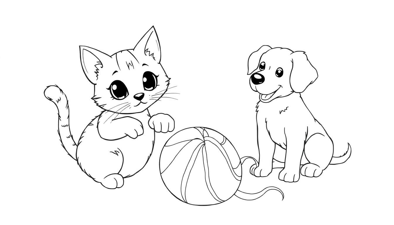 Un chaton et un chiot jouant avec une pelote de laine, un color panel pour enfants.