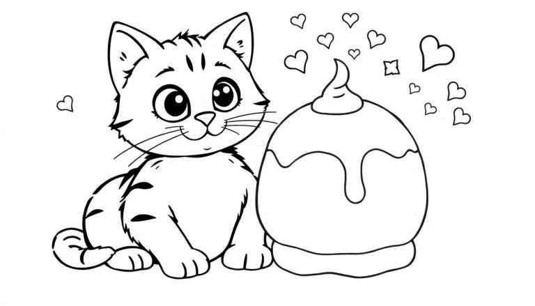Dessin au trait d'un chaton mignon assis à côté d'un gâteau décoré, entouré de cœurs, prêt pour le coloriage sur ce color panel.