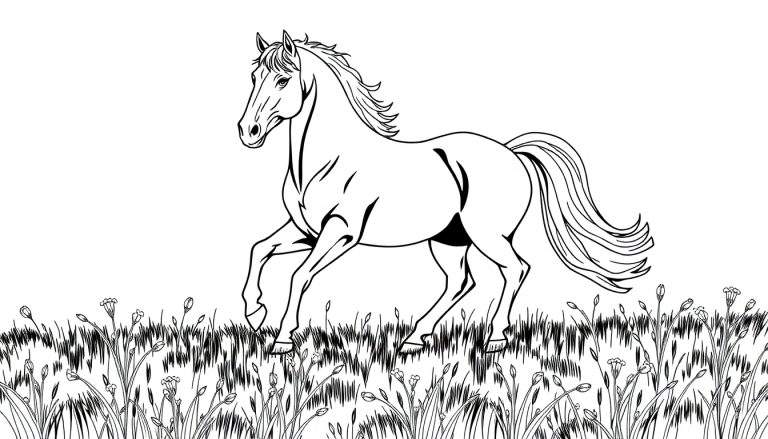 Un cheval noir et blanc galopant dans l'herbe.