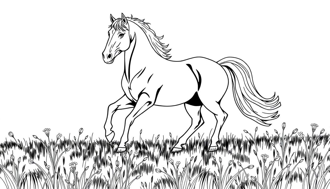 Un cheval noir et blanc galopant dans l'herbe.