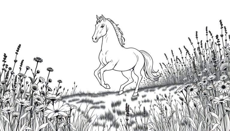 Un cheval noir et blanc galope dans un champ de fleurs sauvages dans un dessin au trait.