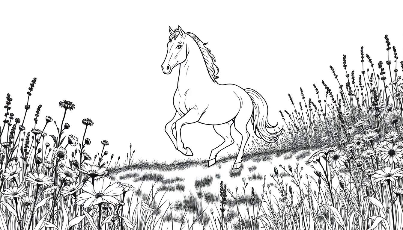Un cheval noir et blanc galope dans un champ de fleurs sauvages dans un dessin au trait.