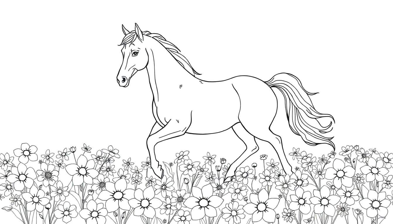 Dessin au trait d'un cheval galopant dans un champ de fleurs, style livre de coloriage avec des contours nets.