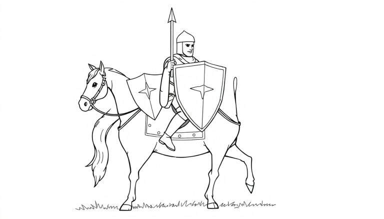 Un dessin au trait d'un chevalier à cheval, prêt à l'aventure, sur une page de coloriage.