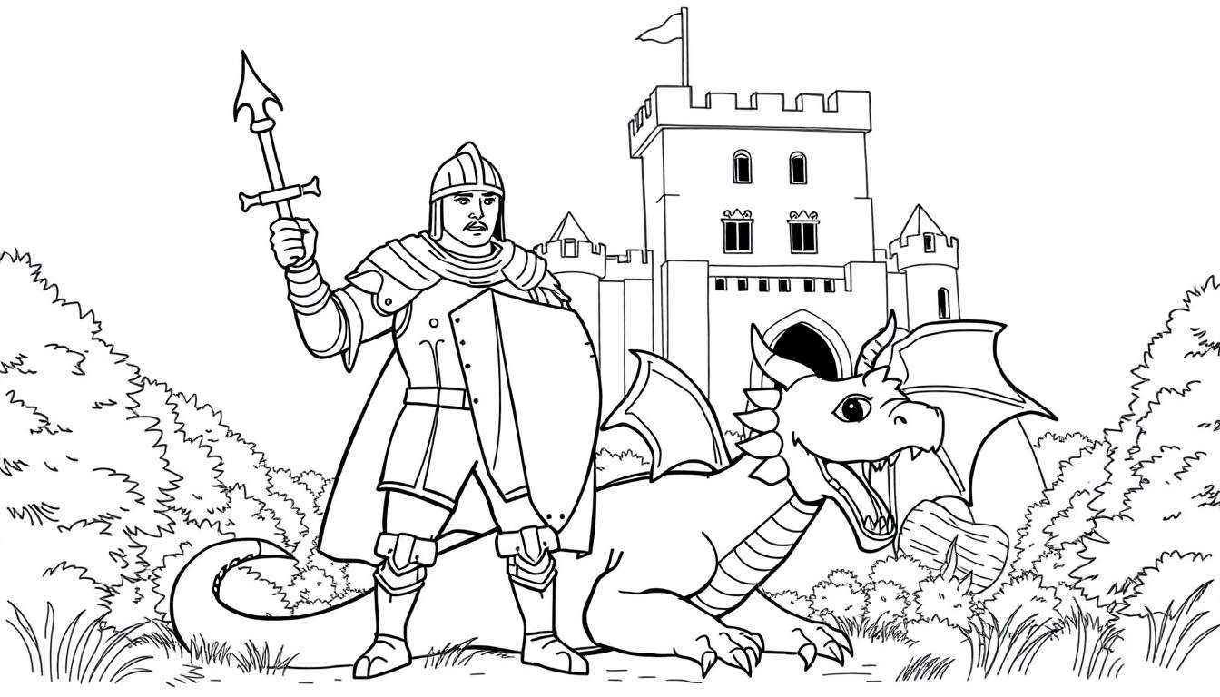 Un chevalier avec une lance et un bouclier fait face à un dragon devant un château. Les enfants peuvent colorier ce dessin pour ajouter des détails.