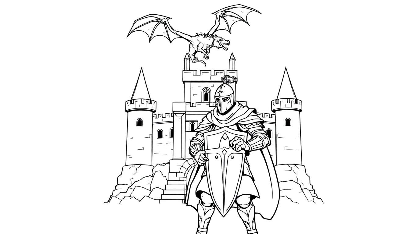 Chevalier devant un château avec un dragon, comme une plaque à colorier.