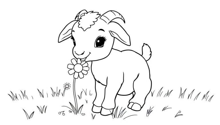 Un chevreau mignon en noir et blanc prêt à être colorisé, mangeant une marguerite.