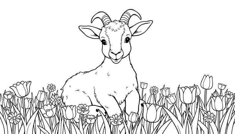 Dessin au trait d'un chevreau mignon assis dans un champ fleuri, parfait pour un color panel.
