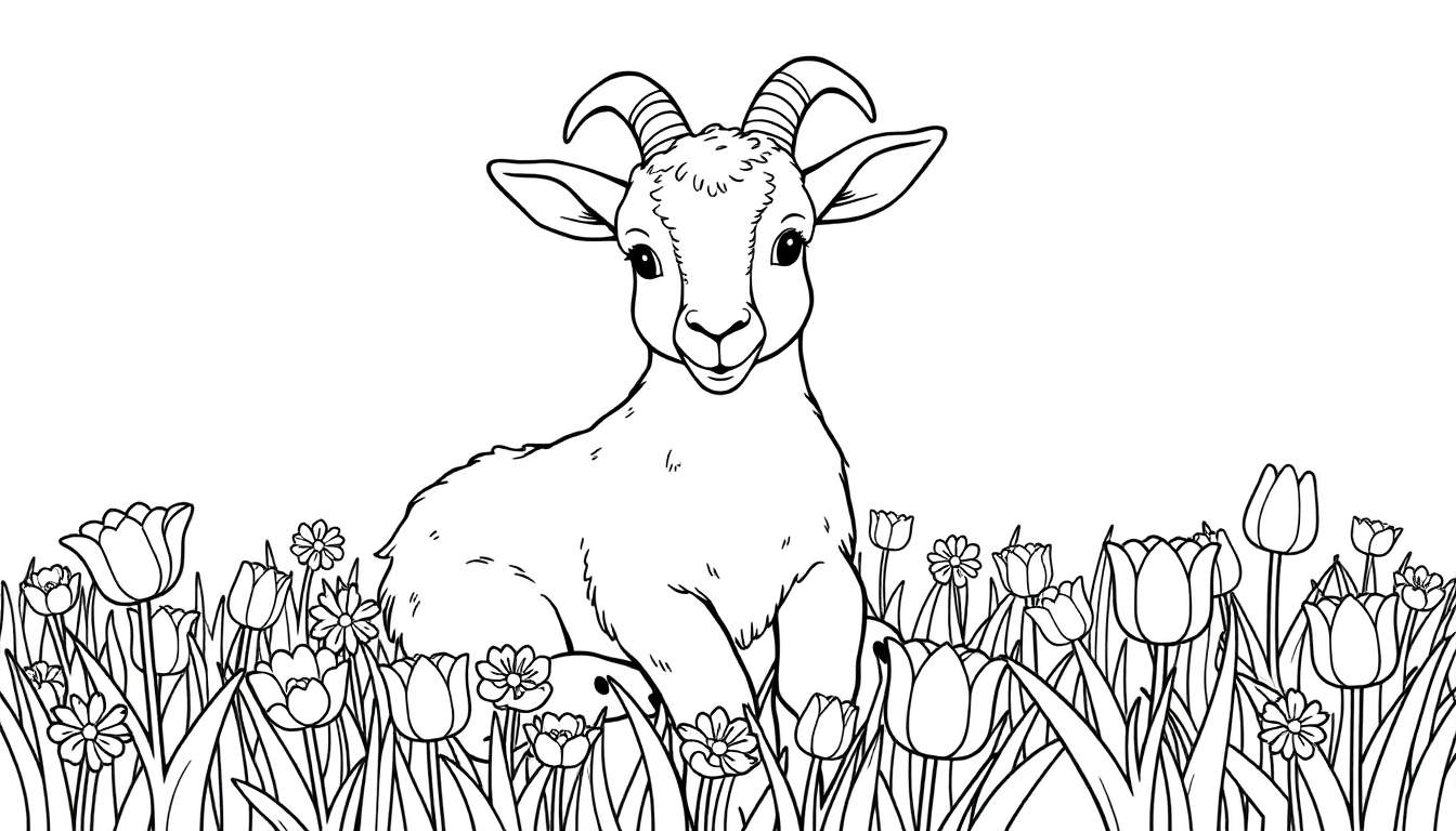 Dessin au trait d'un chevreau mignon assis dans un champ fleuri, parfait pour un color panel.