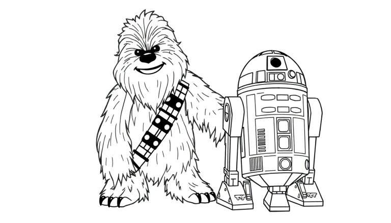 Dessin au trait de Chewbacca et R2-D2.