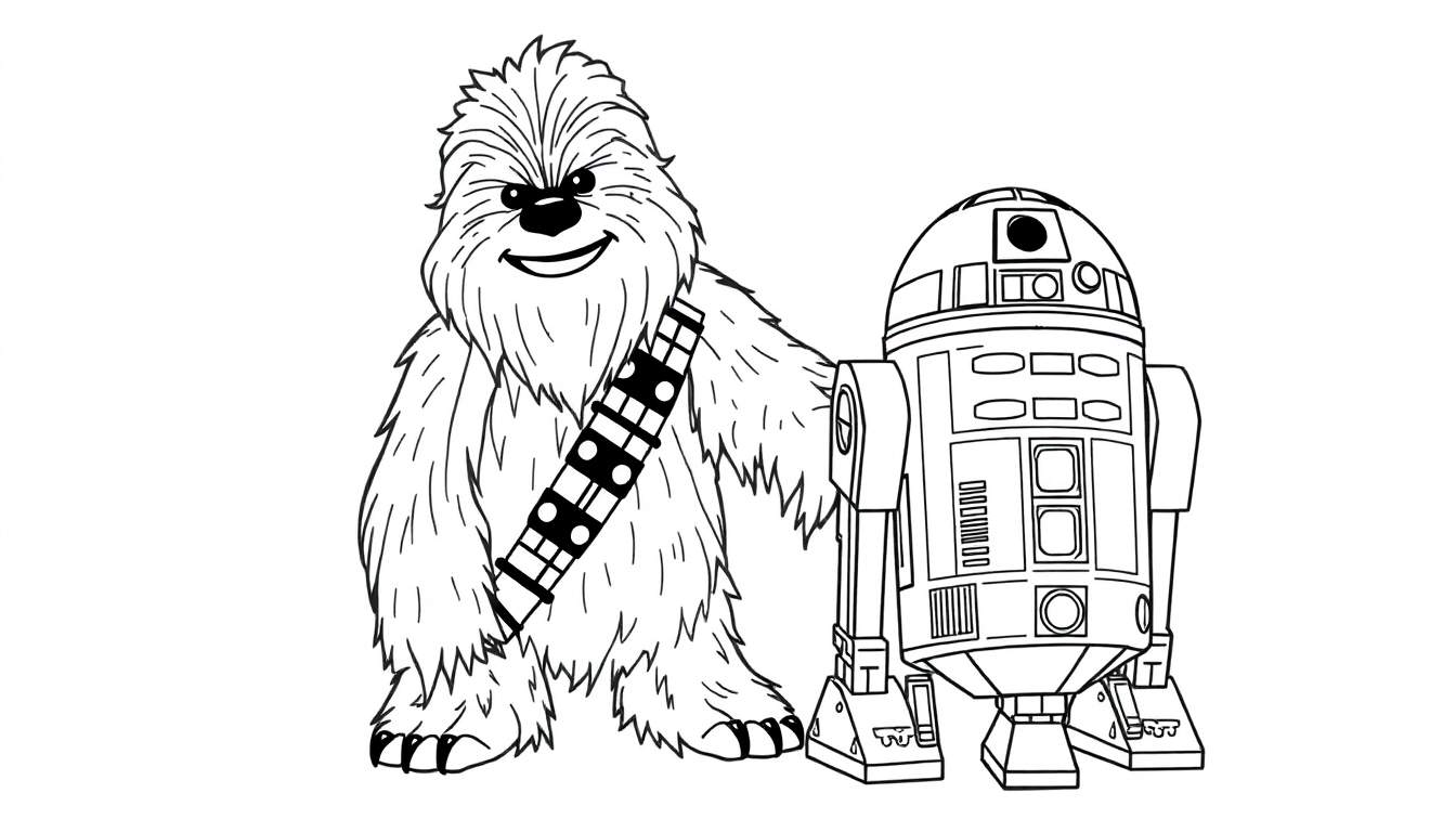 Dessin au trait de Chewbacca et R2-D2.