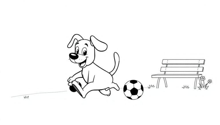 Un chien joyeux en dessin animé joue au football, prêt pour un color panel.