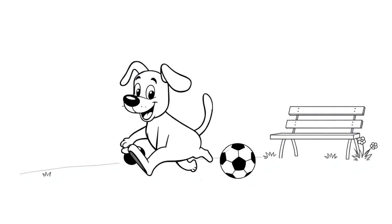 Un chien joyeux en dessin animé joue au football, prêt pour un color panel.