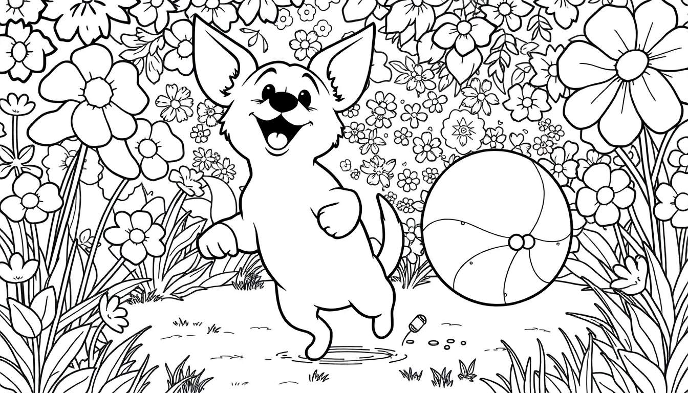 Un chiot joyeux joue avec une balle dans un champ de fleurs coloré.