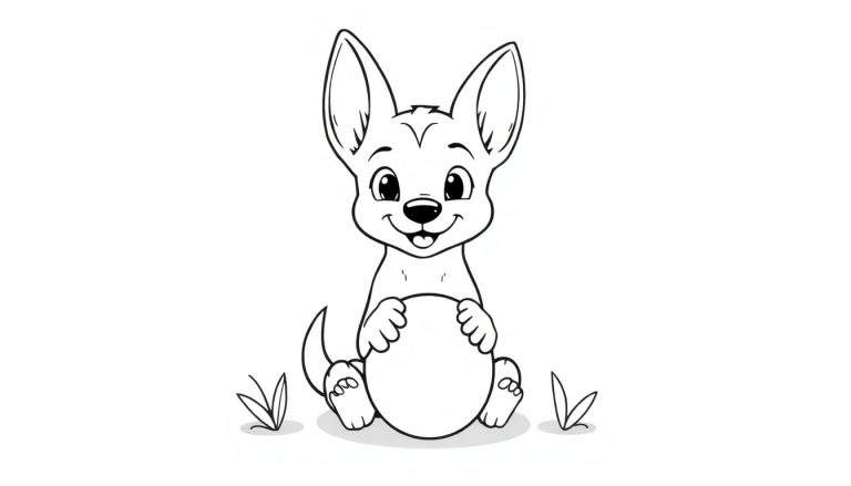 Un dessin au trait d'un chien de dessin animé avec de grandes oreilles, tenant un cercle.