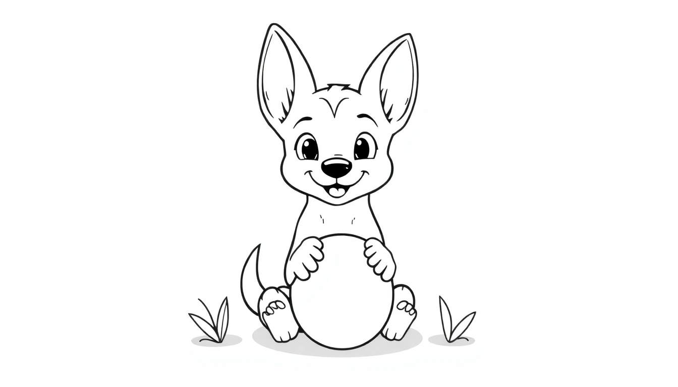 Un dessin au trait d'un chien de dessin animé avec de grandes oreilles, tenant un cercle.