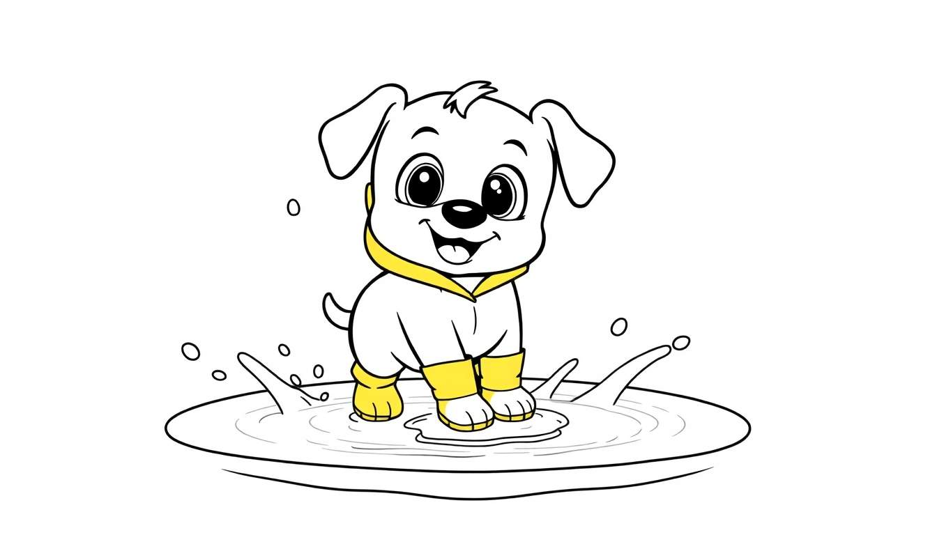 Un adorable chiot de dessin animé en manteau jaune et bottes pataugeant joyeusement dans une flaque d'eau, sur un fond blanc. Page de coloriage noir et blanc.