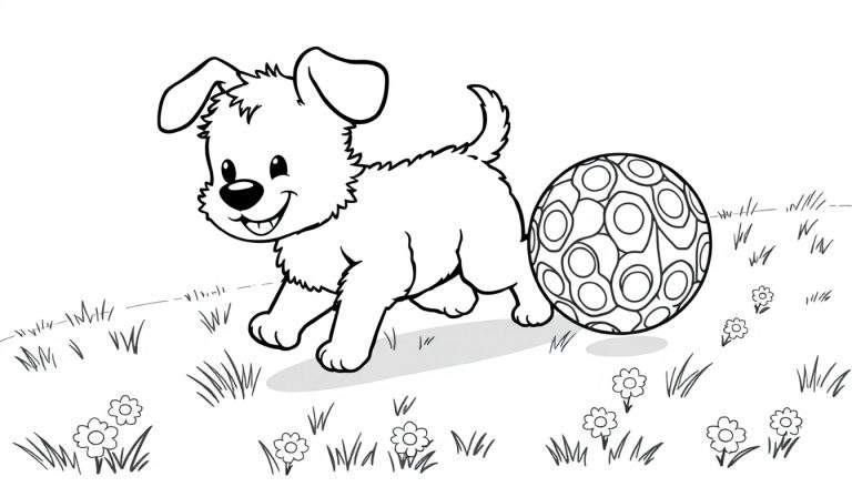 Un chiot en noir et blanc court après une balle dans l'herbe, style dessin pour un color panel.