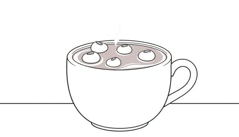 Illustration en noir et blanc d'une tasse de chocolat chaud avec des guimauves.